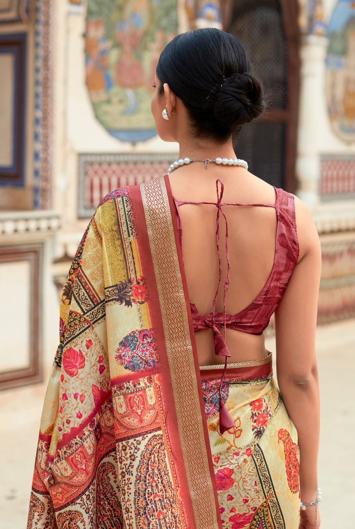 Flesh Yellow Banarasi Printed Silk Saree