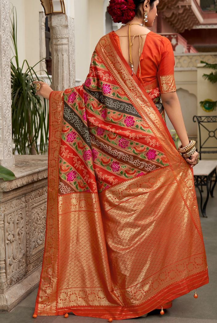 Roof Terracotta Orange Banarasi Patola Silk Saree