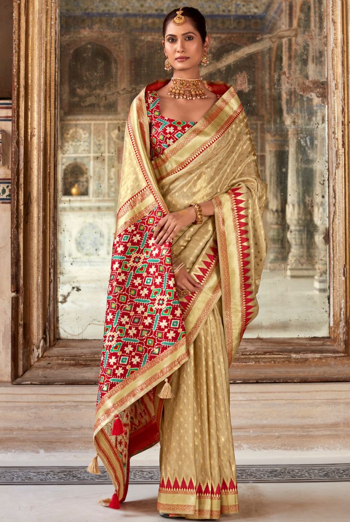 Sand Dollar Golden Woven Zari Banarasi Patola Silk Saree