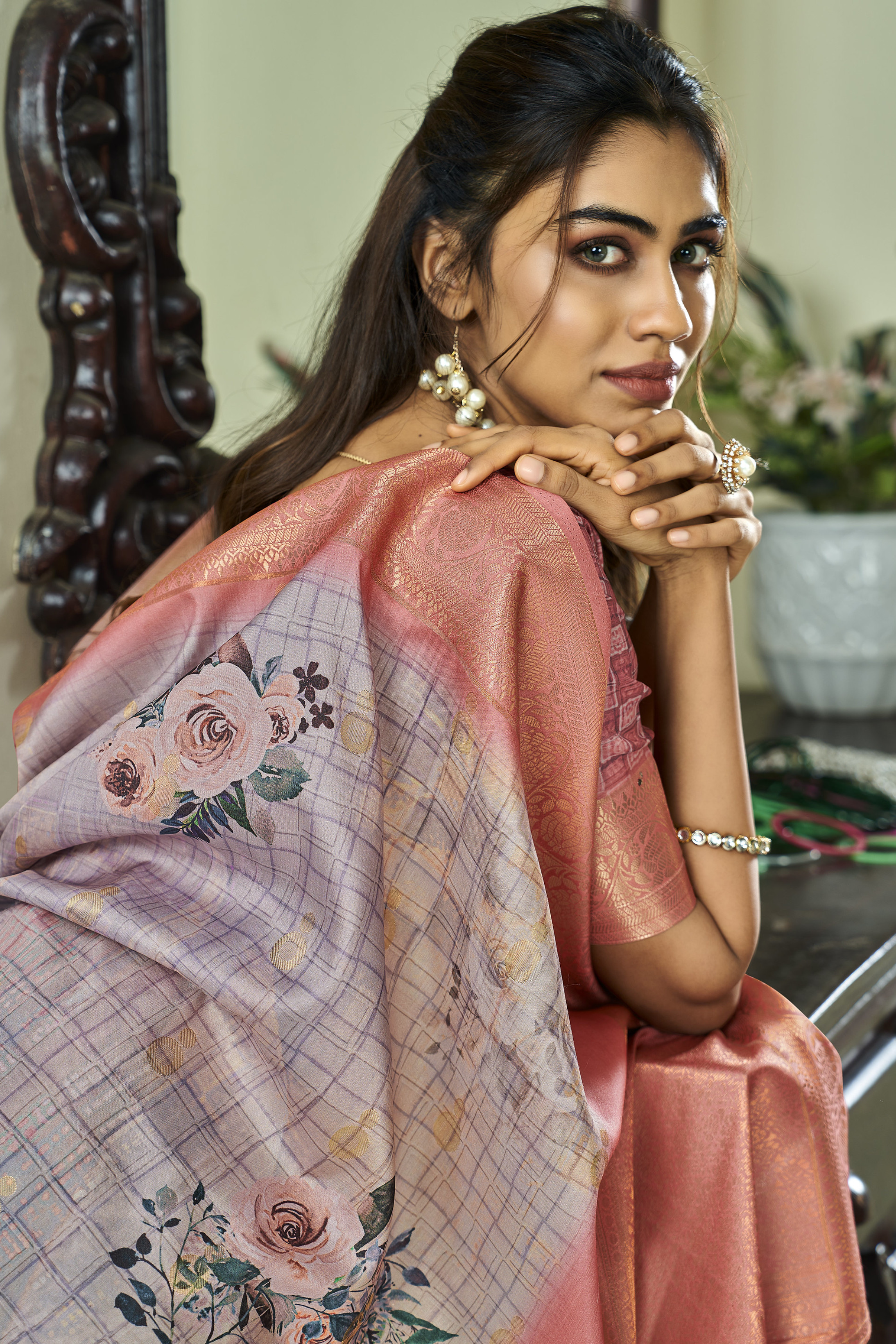 Venus Grey Banarasi Digital Printed Soft Silk Saree