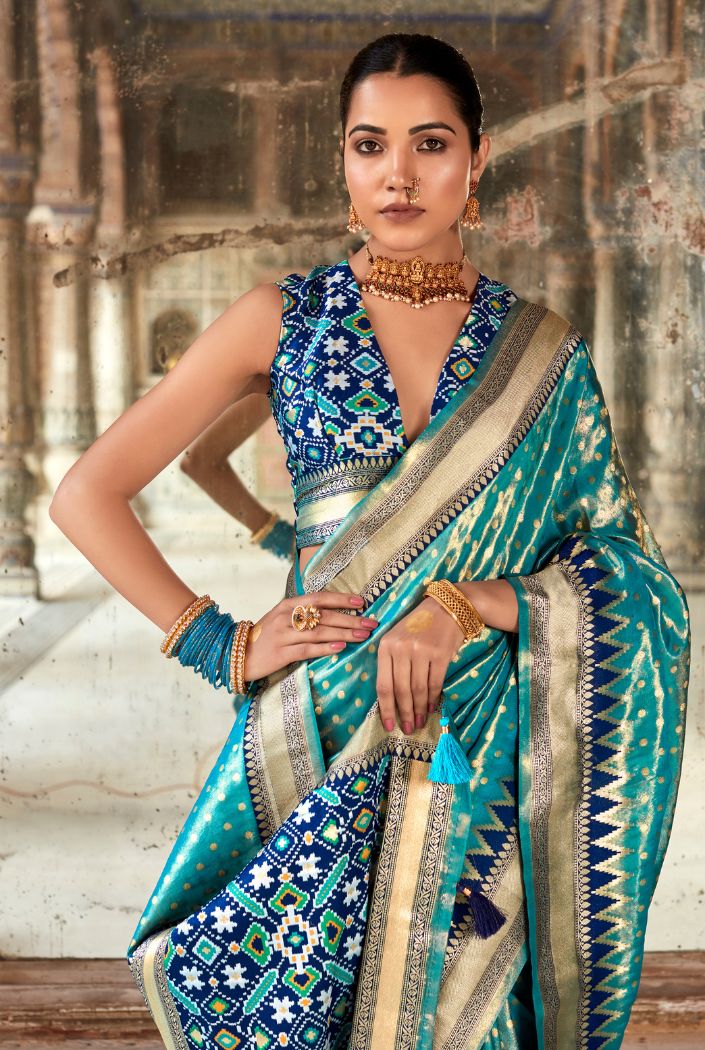 Neon Blue Woven Zari Banarasi Patola Silk Saree