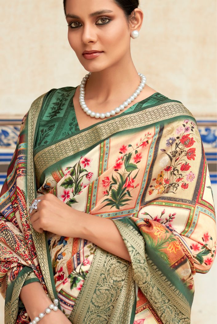 Fawn Green and Cream Banarasi Printed Silk Saree