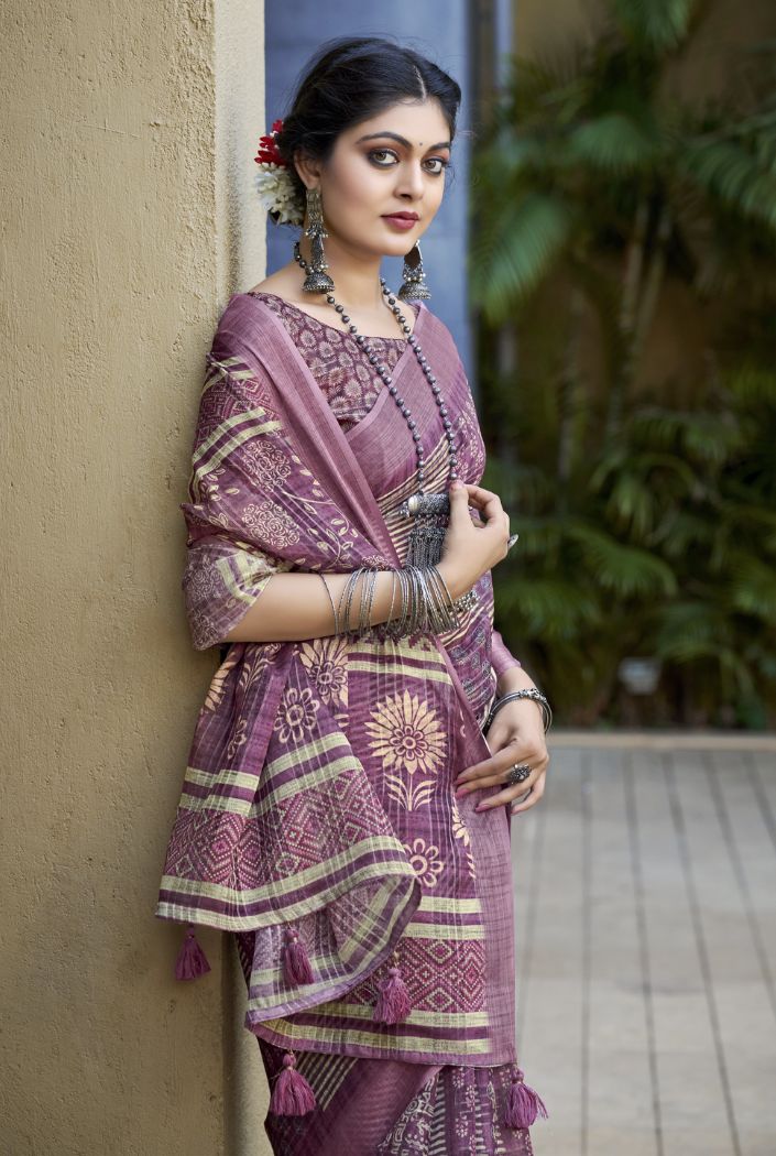 Twilight Lavender Digital Printed Linen Saree