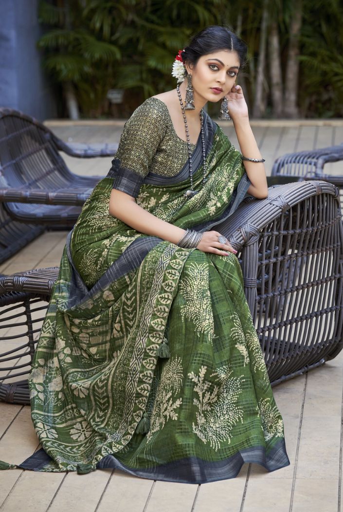 Locust Green Linen Digital Printed Saree