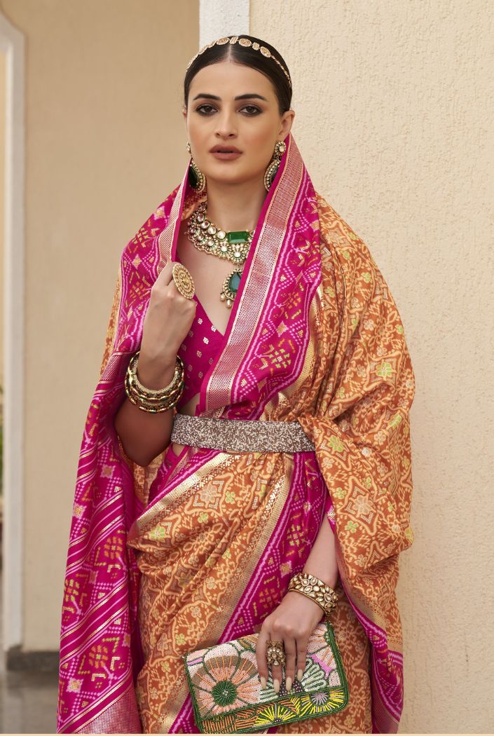 Tulip Tree Yellow and Pink Printed Patola Silk Saree