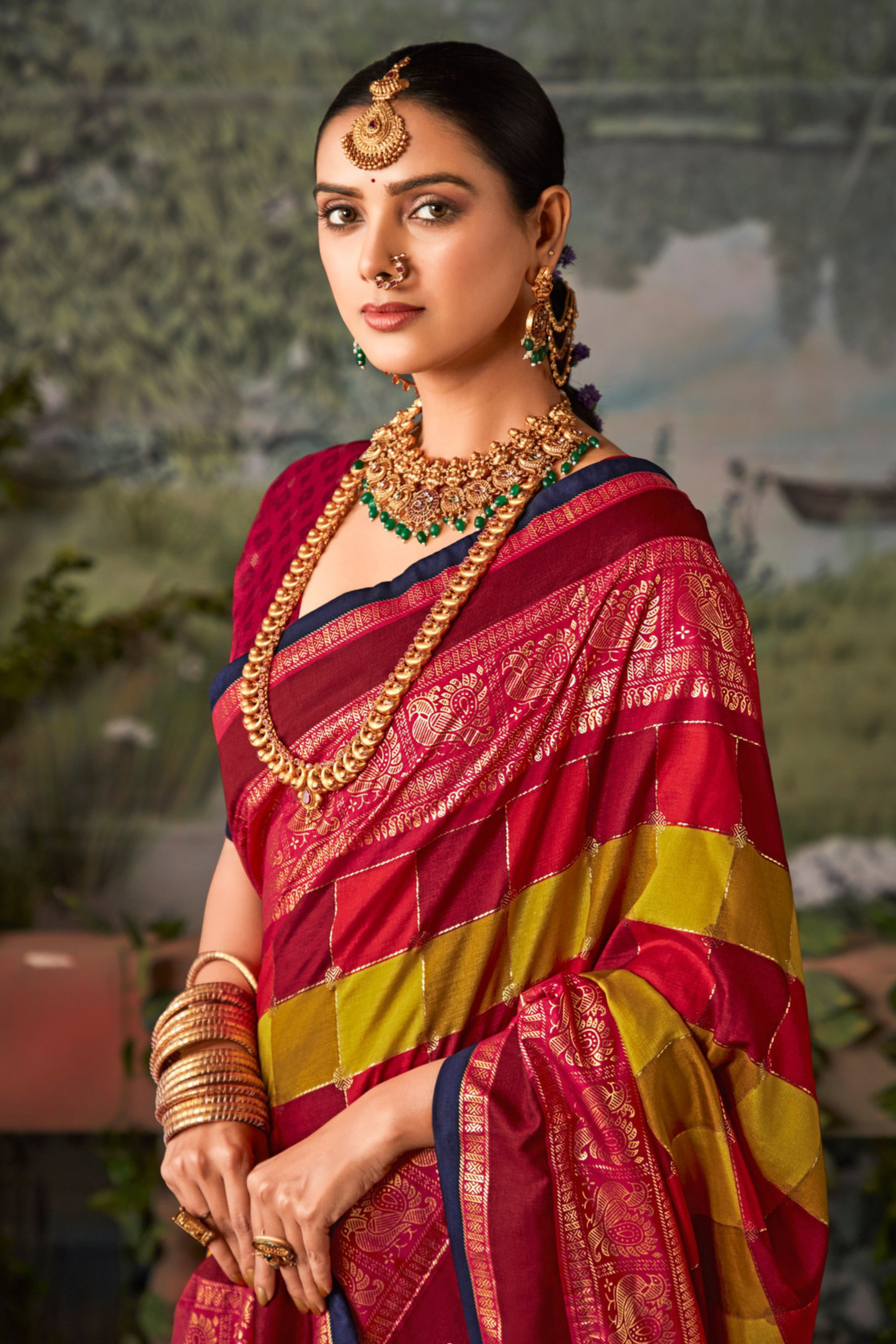 Cherry Red and Yellow Printed Pochampally Ikkat Silk Saree