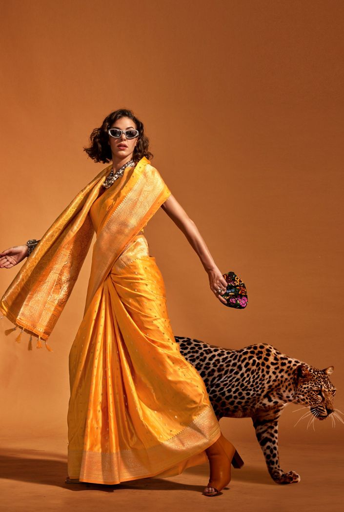 Tulip Tree Yellow Handloom Satin Silk Saree