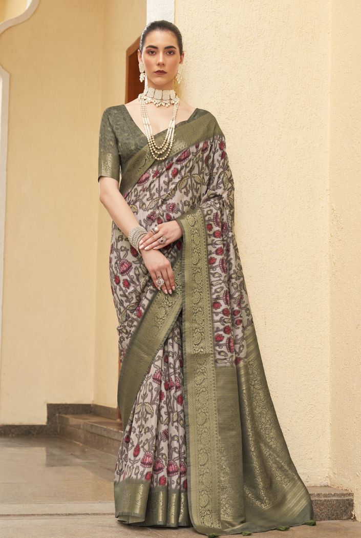 Sage Green Digital Printed Tussar Silk Saree