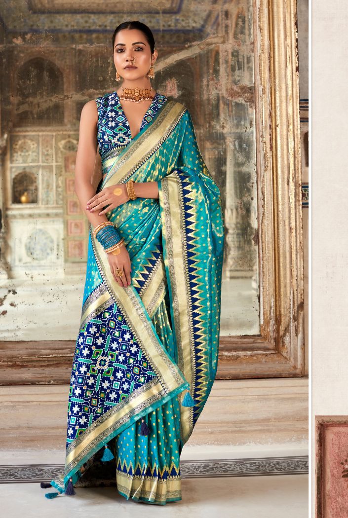 Neon Blue Woven Zari Banarasi Patola Silk Saree