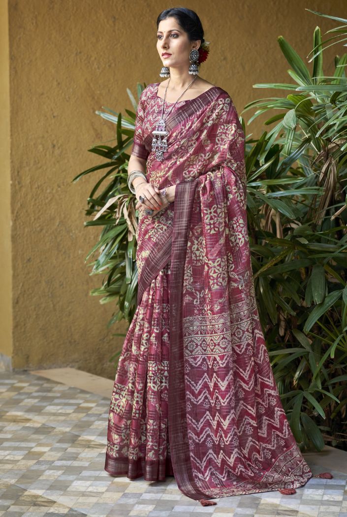 Stiletto Pink Digital Printed Linen Saree