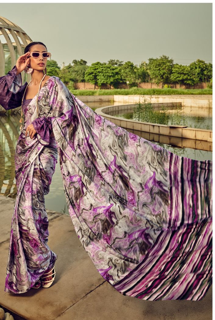 Falcon Purple Digital Printed Satin Silk Saree