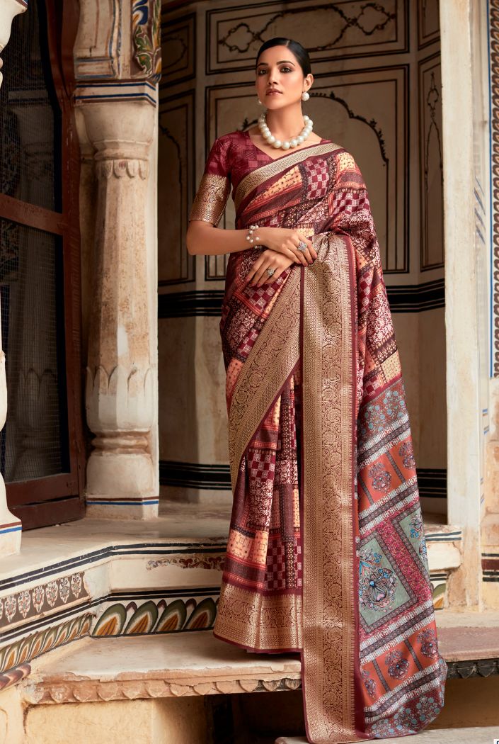 Rosewood Mroon Banarasi Printed Silk Saree