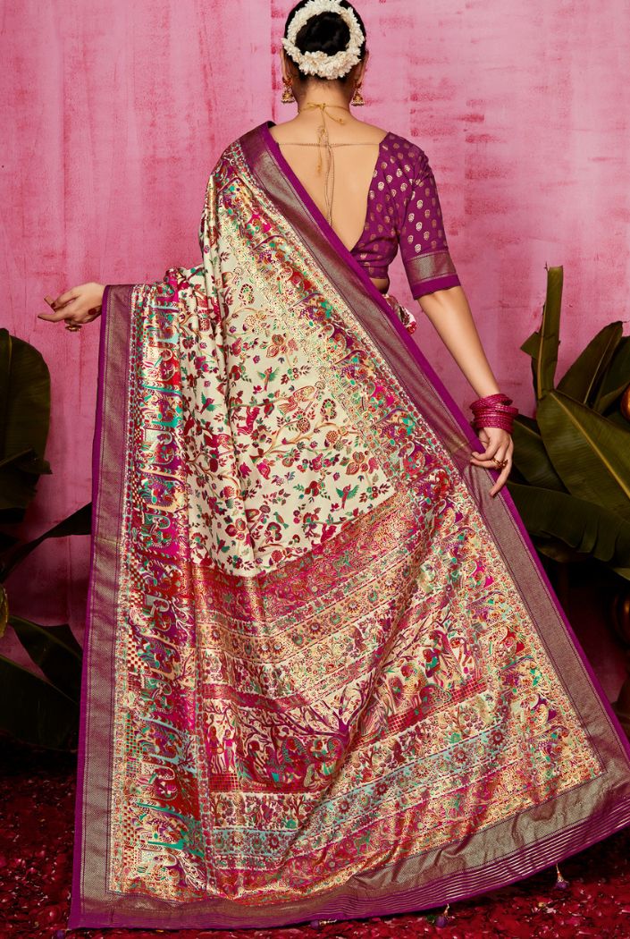 Disco Purple and Cream Patola Soft Silk Saree