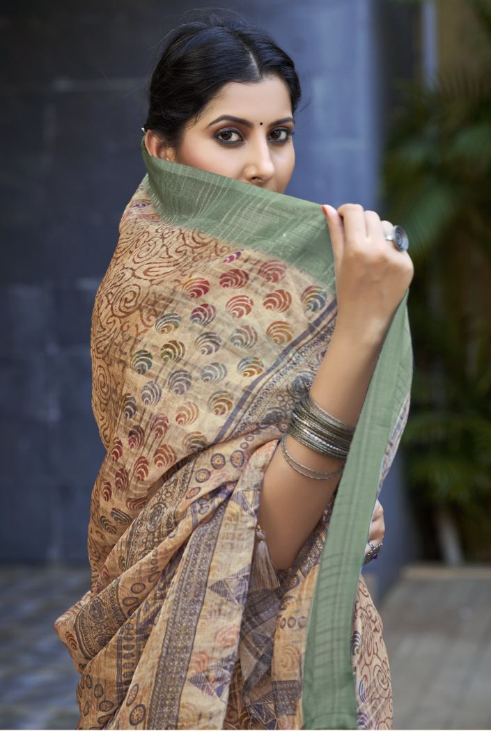 Grain Cream Digital Printed Linen Saree