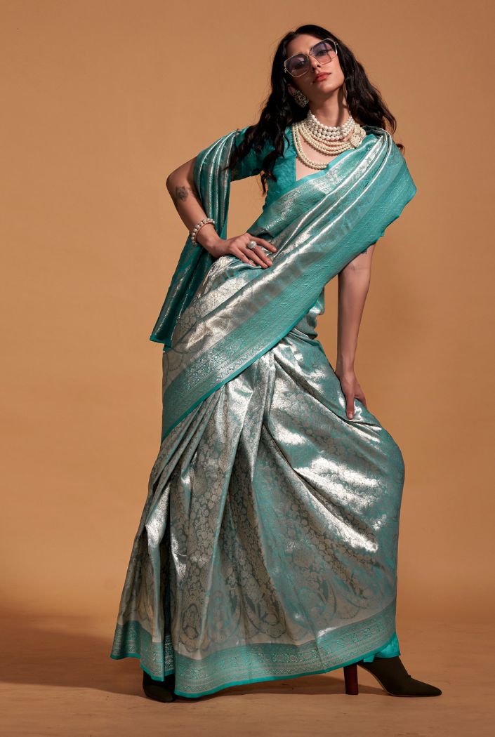 Neptune Blue Woven Kanjivaram Silk Saree