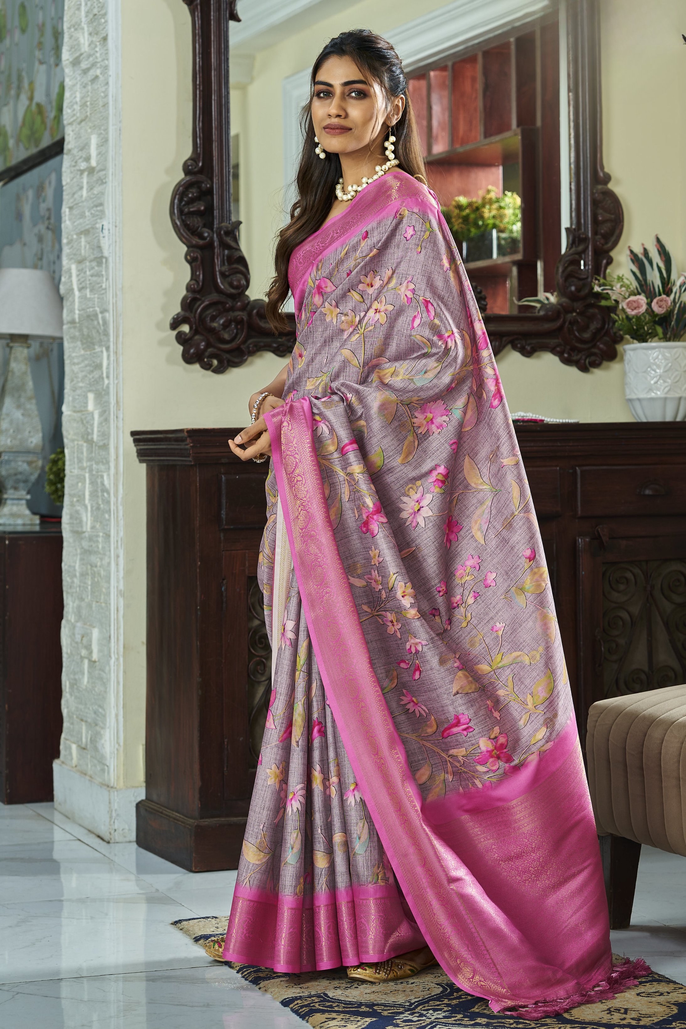 Dusty Grey and Pink Banarasi Digital Printed Soft Silk Saree