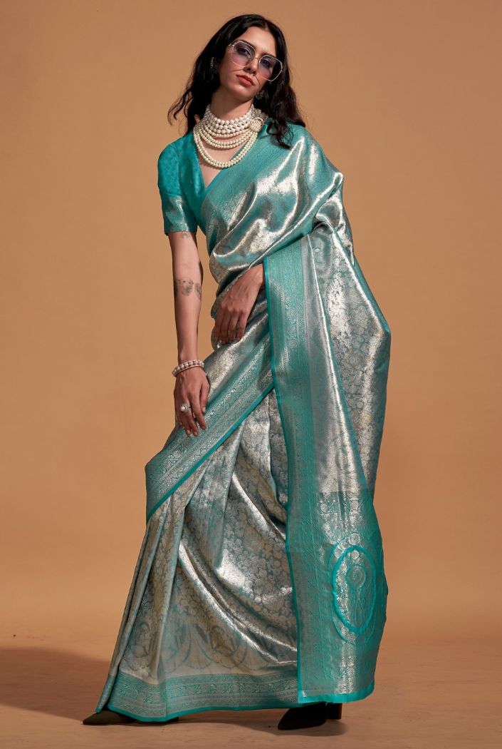 Neptune Blue Woven Kanjivaram Silk Saree