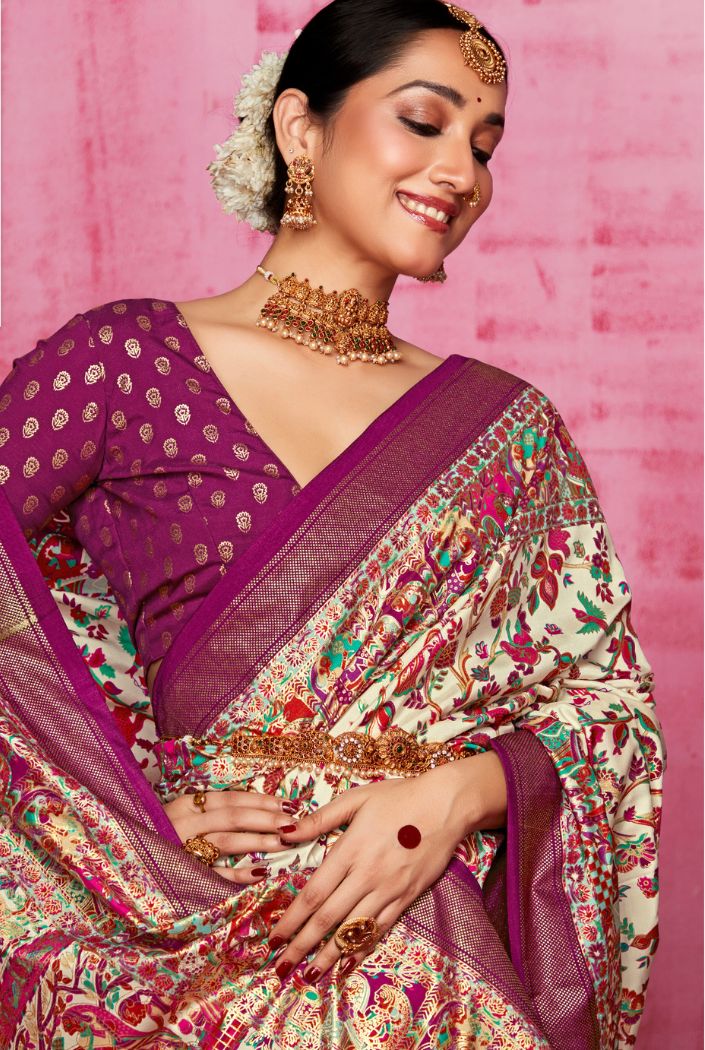 Disco Purple and Cream Patola Soft Silk Saree