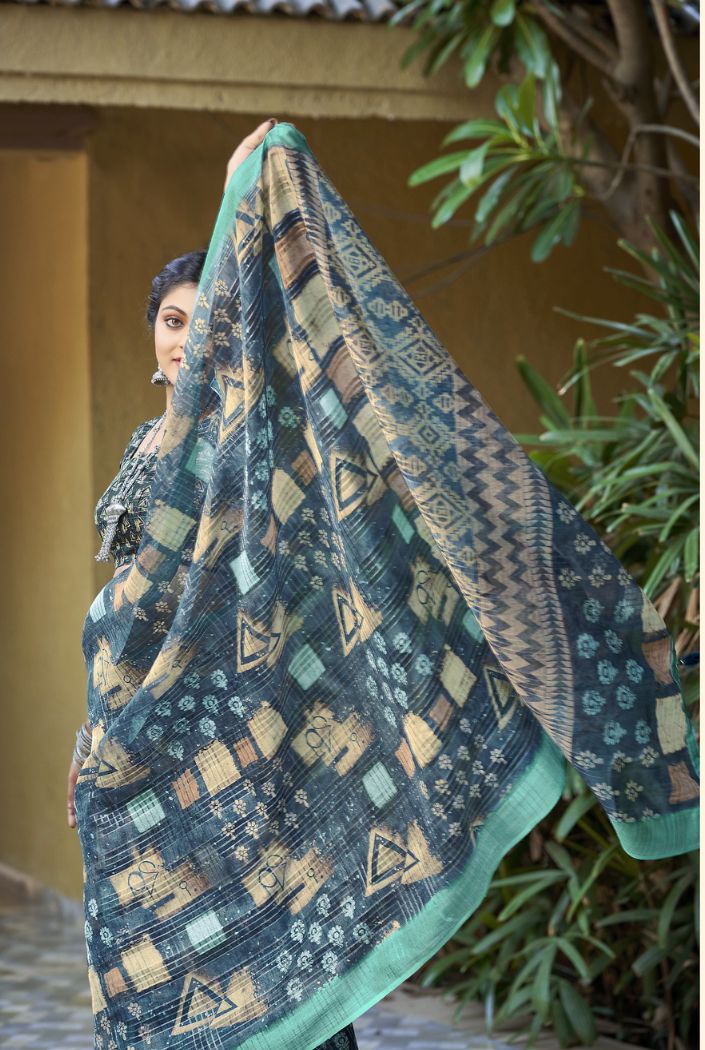 Limed Spruce Grey Digital Printed Linen Saree