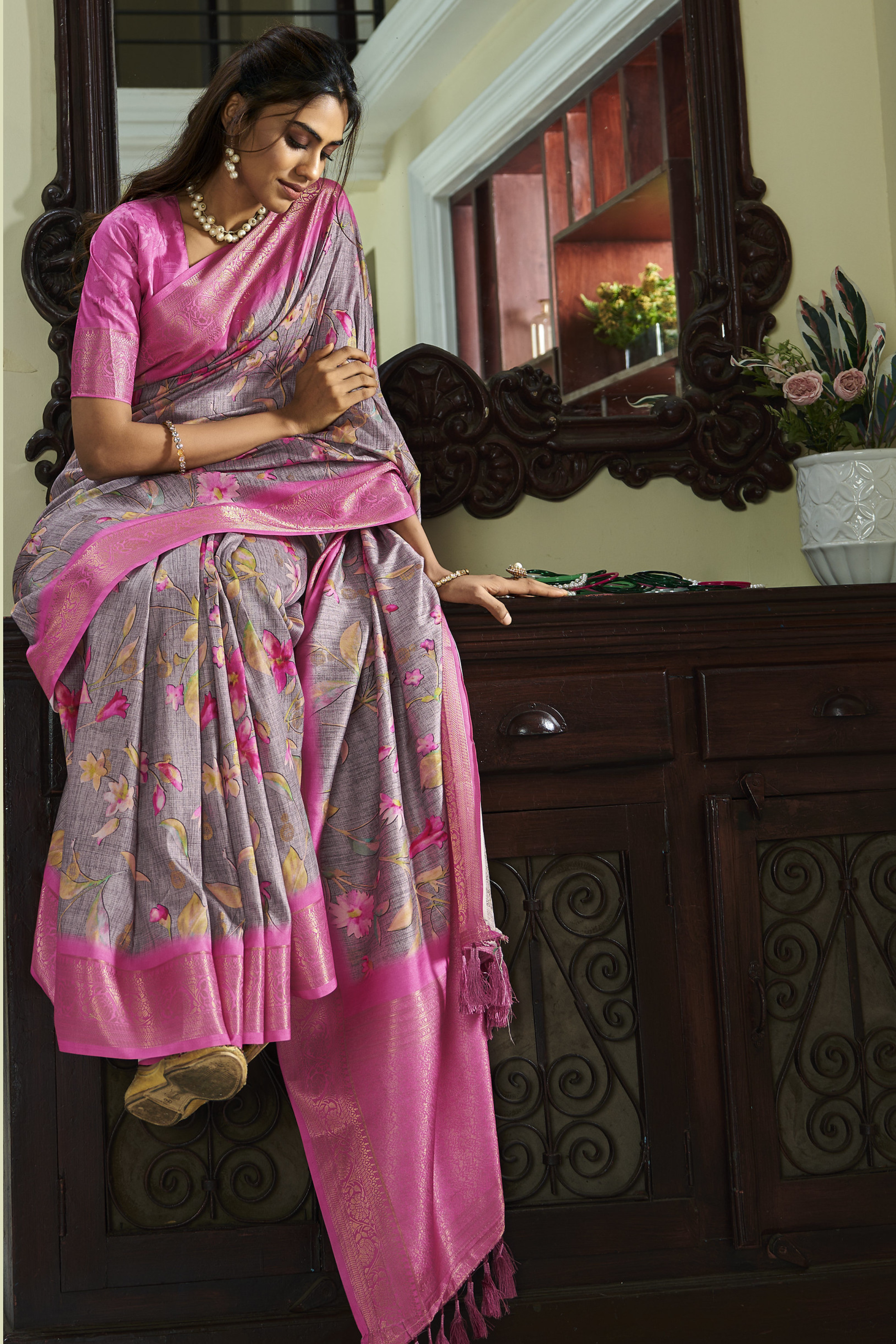 Dusty Grey and Pink Banarasi Digital Printed Soft Silk Saree