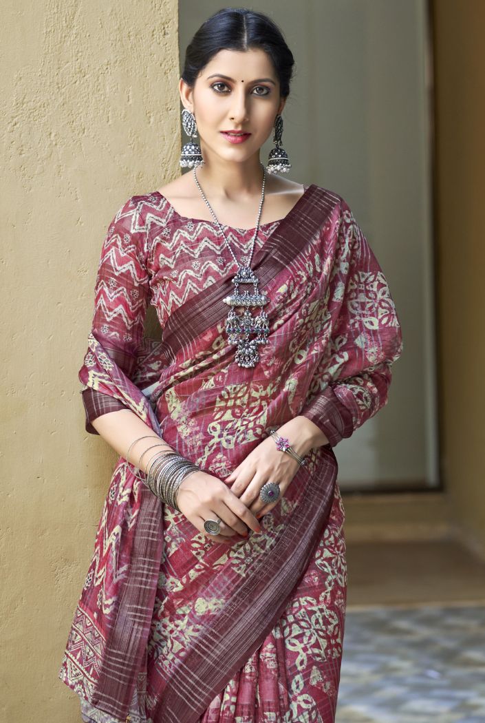 Stiletto Pink Digital Printed Linen Saree