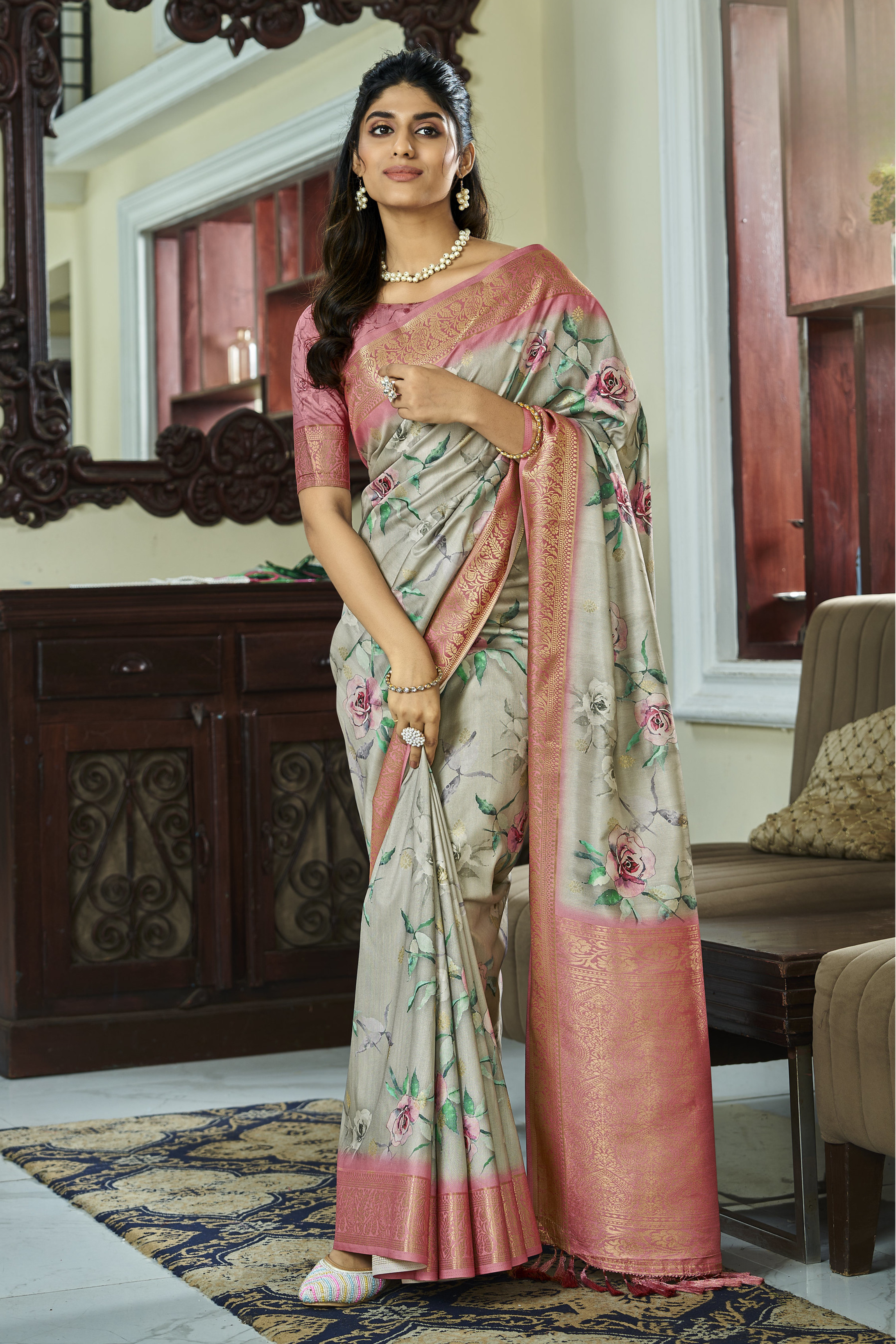 Bitter Green Banarasi Digital Printed Soft Silk Saree