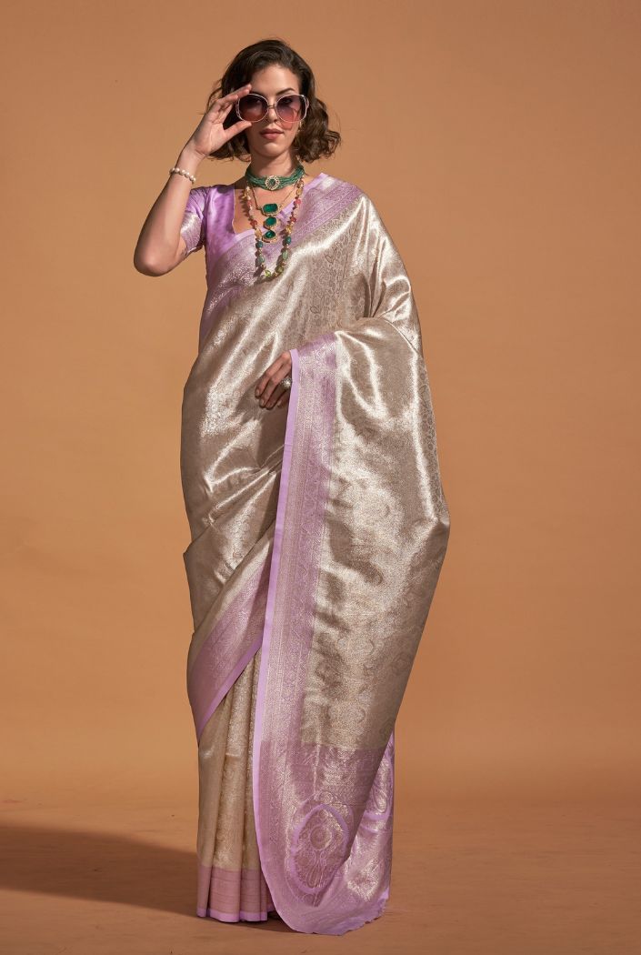 Bone Cream and Lavender Woven Kanjivaram Silk Saree