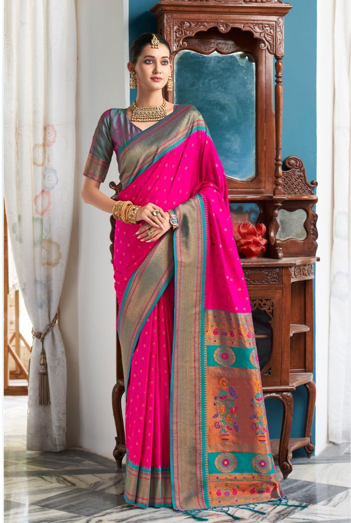 Rose Pink Woven Paithani Silk Saree