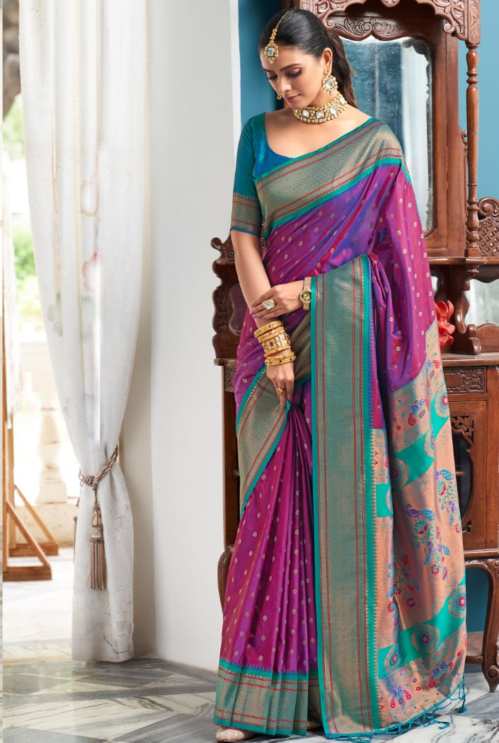 Plum Purple Woven Paithani Silk Saree