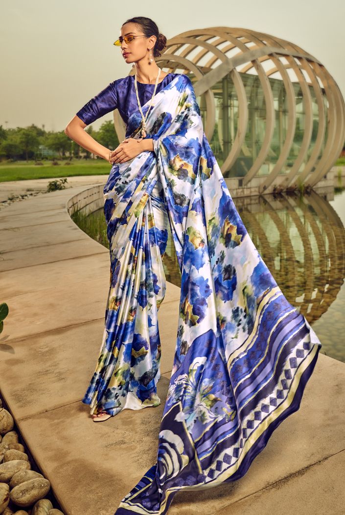 Blue Bell Digital Printed Satin Silk Saree