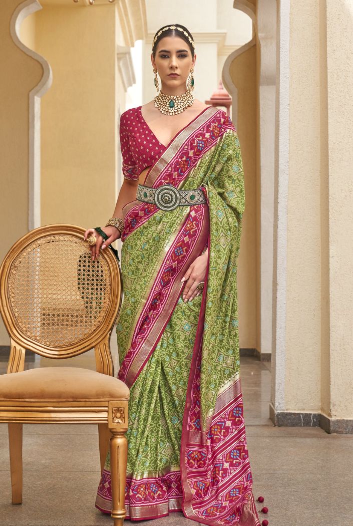 Green Smoke and Maroon Printed Patola Silk Saree