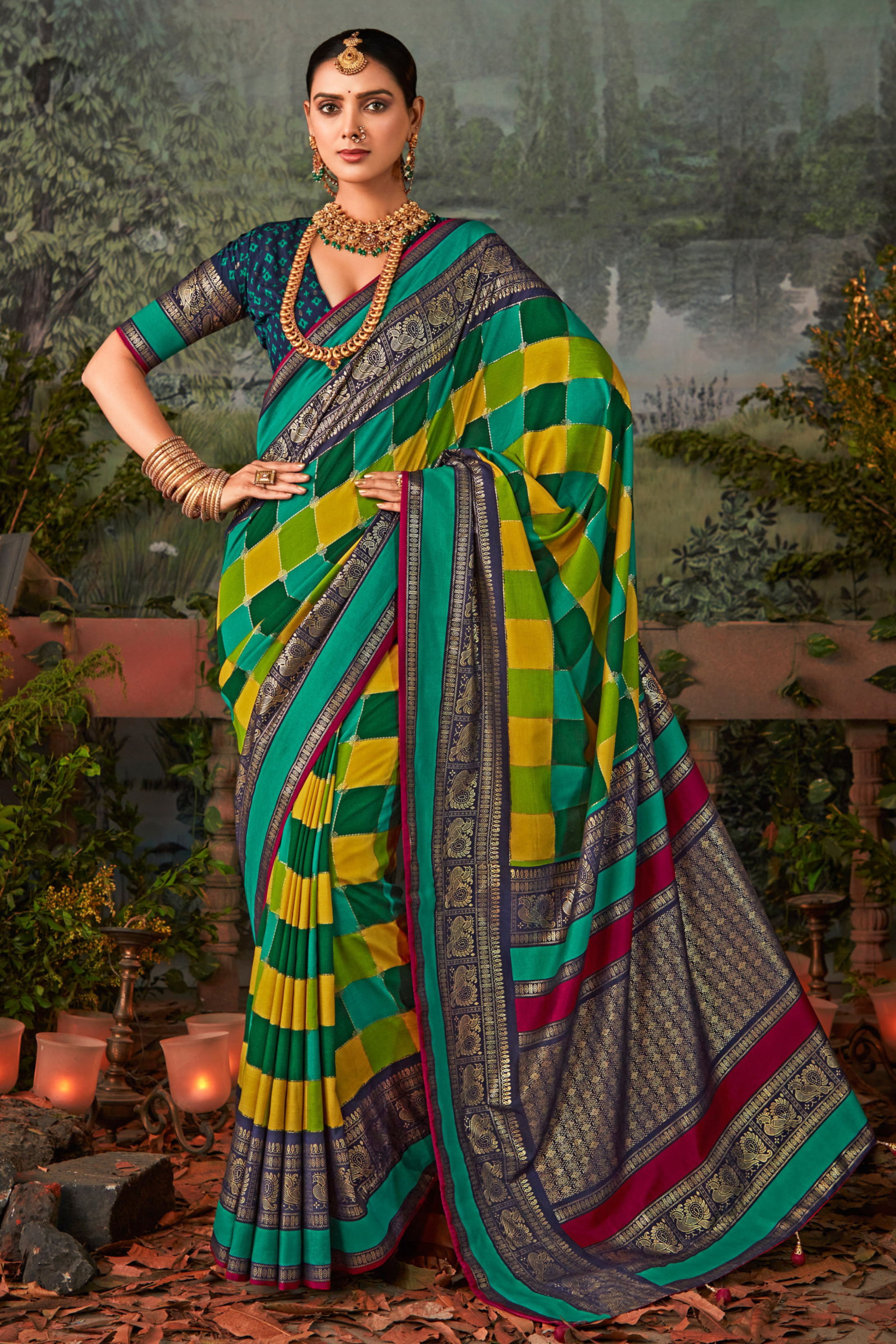 Pale Blue and Yellow Printed Pochampally Ikkat Silk Saree