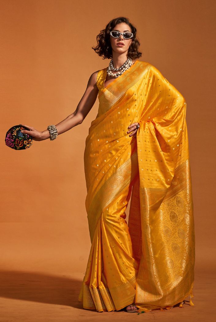 Tulip Tree Yellow Handloom Satin Silk Saree