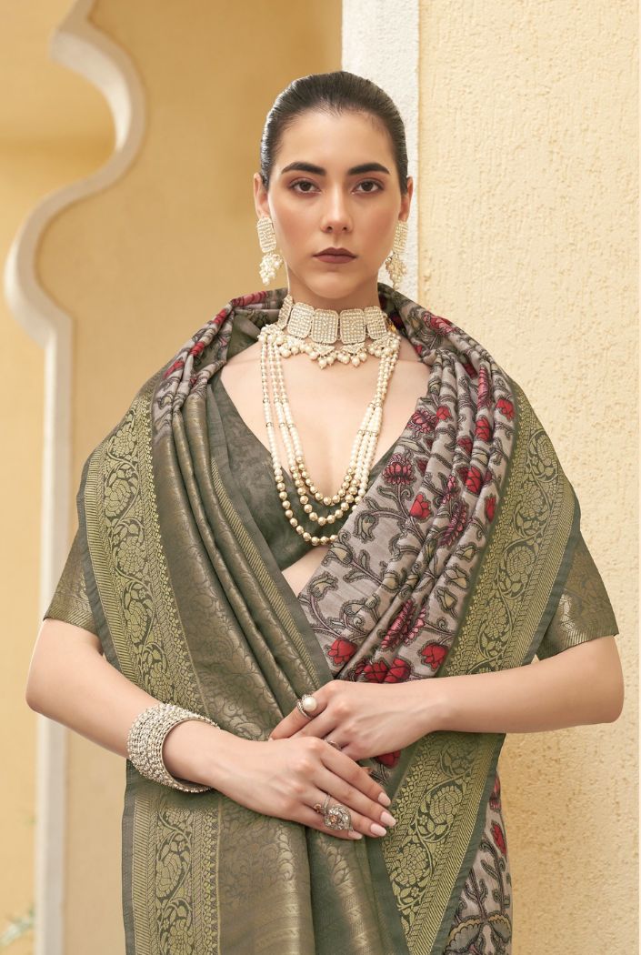 Sage Green Digital Printed Tussar Silk Saree