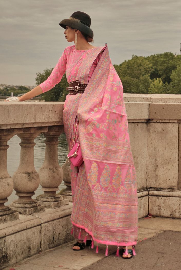 Salmon Pink Kashmiri Organza Handloom Saree