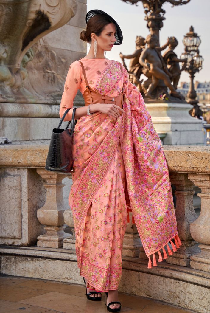 Plum Peach Organza Handloom Parsi Saree