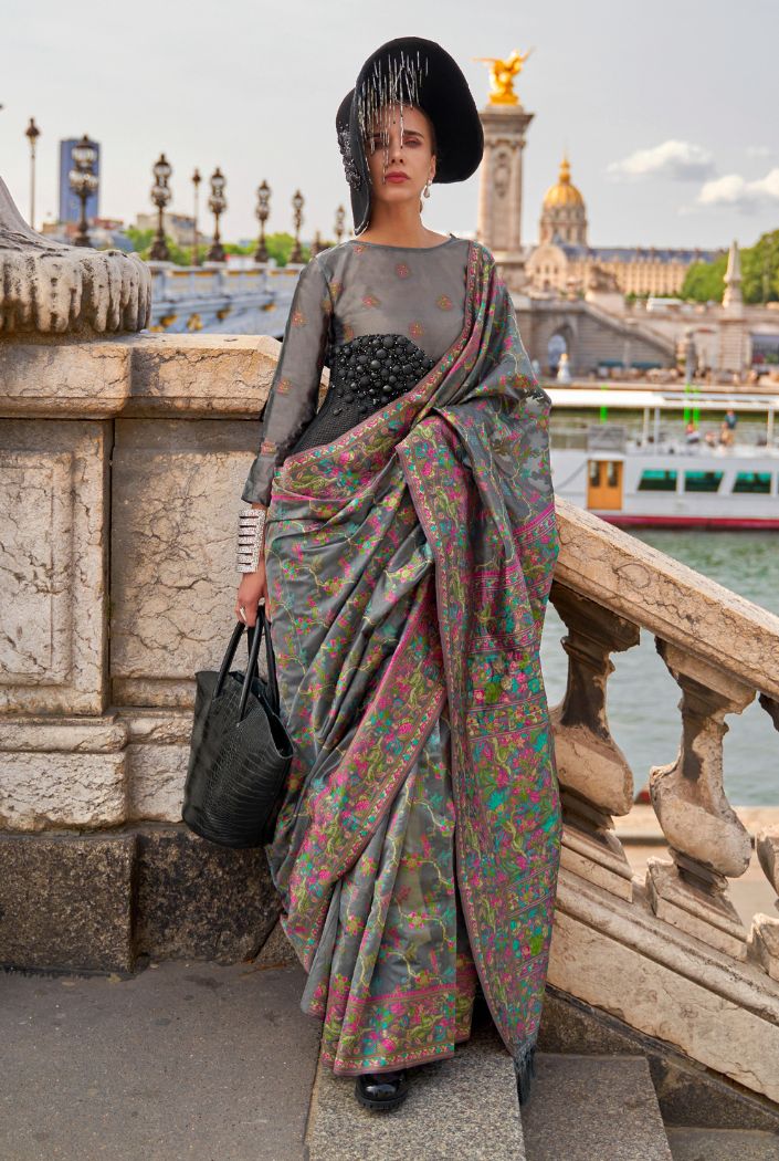 Smoke Grey Organza Handloom Parsi Saree