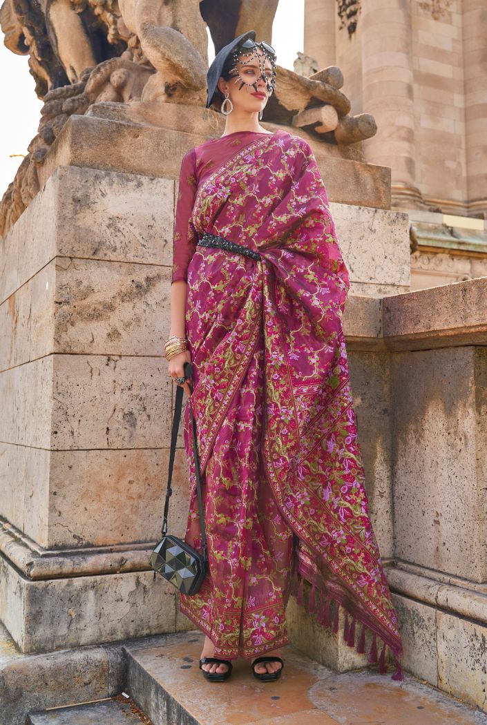 Hippie Pink Organza Handloom Parsi Saree