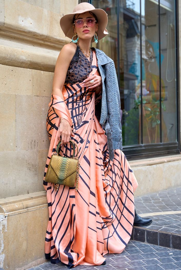 Frangipani Peach Printed Satin Silk Saree