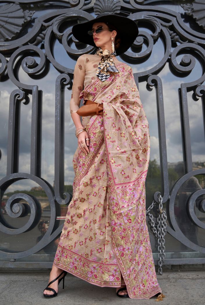 Eunry Pink Organza Handloom Parsi Saree