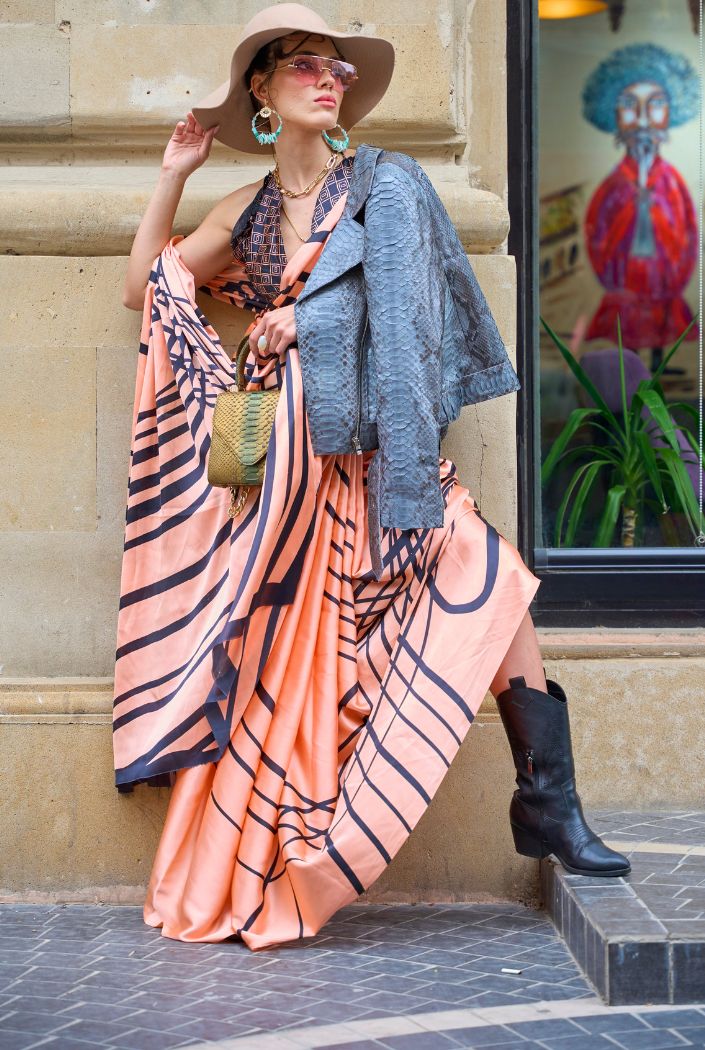 Frangipani Peach Printed Satin Silk Saree