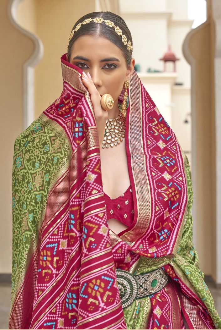 Green Smoke and Maroon Printed Patola Silk Saree