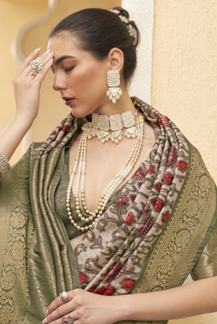 Sage Green Digital Printed Tussar Silk Saree