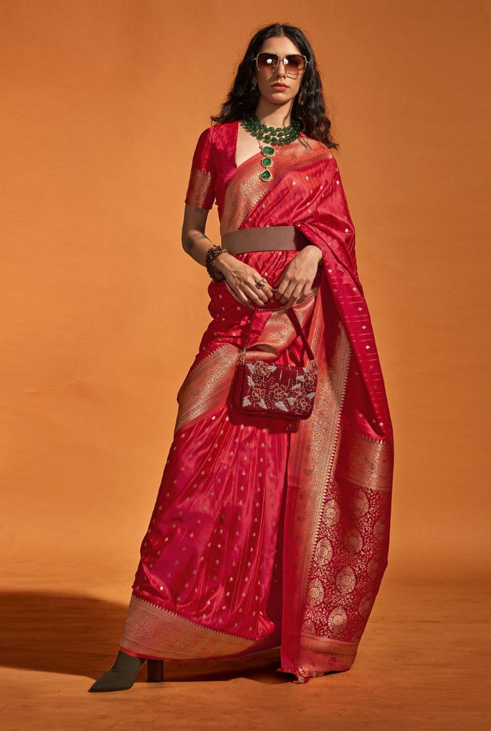 Well Red Handloom Satin Silk Saree