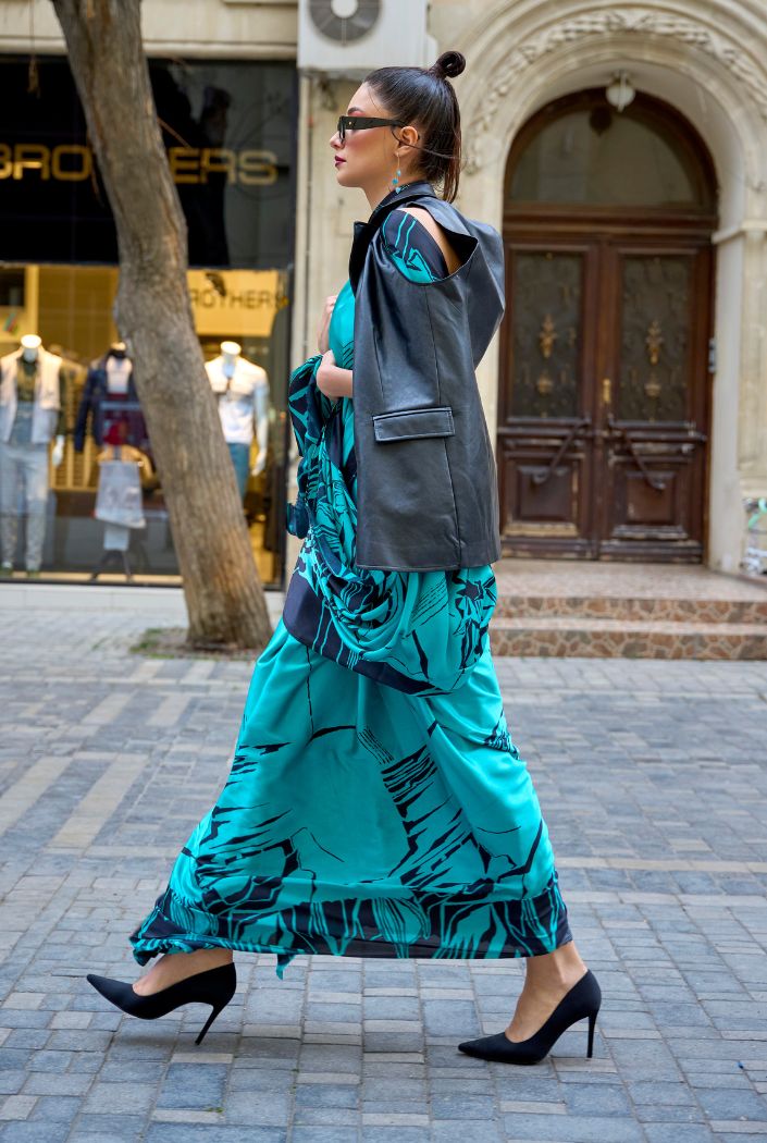 Pacific Blue Printed Satin Silk Saree