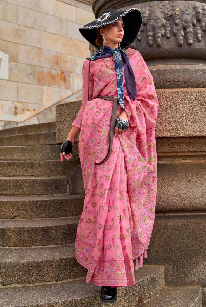 My Pink Organza Handloom Parsi Saree