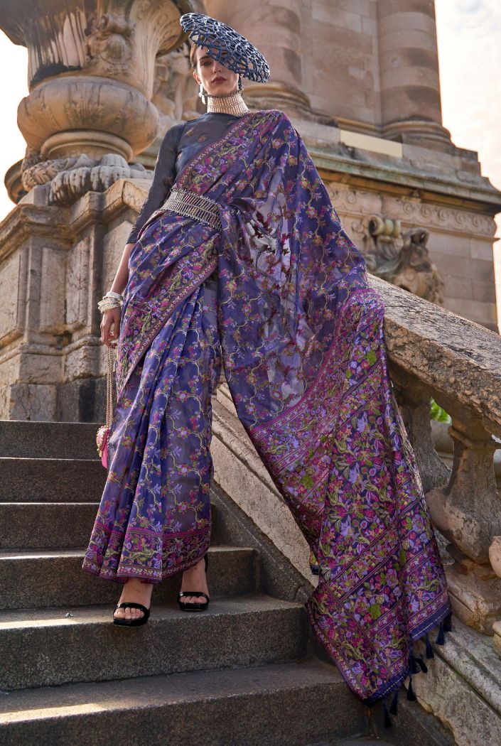 Jamun Purple Organza Handloom Parsi Saree