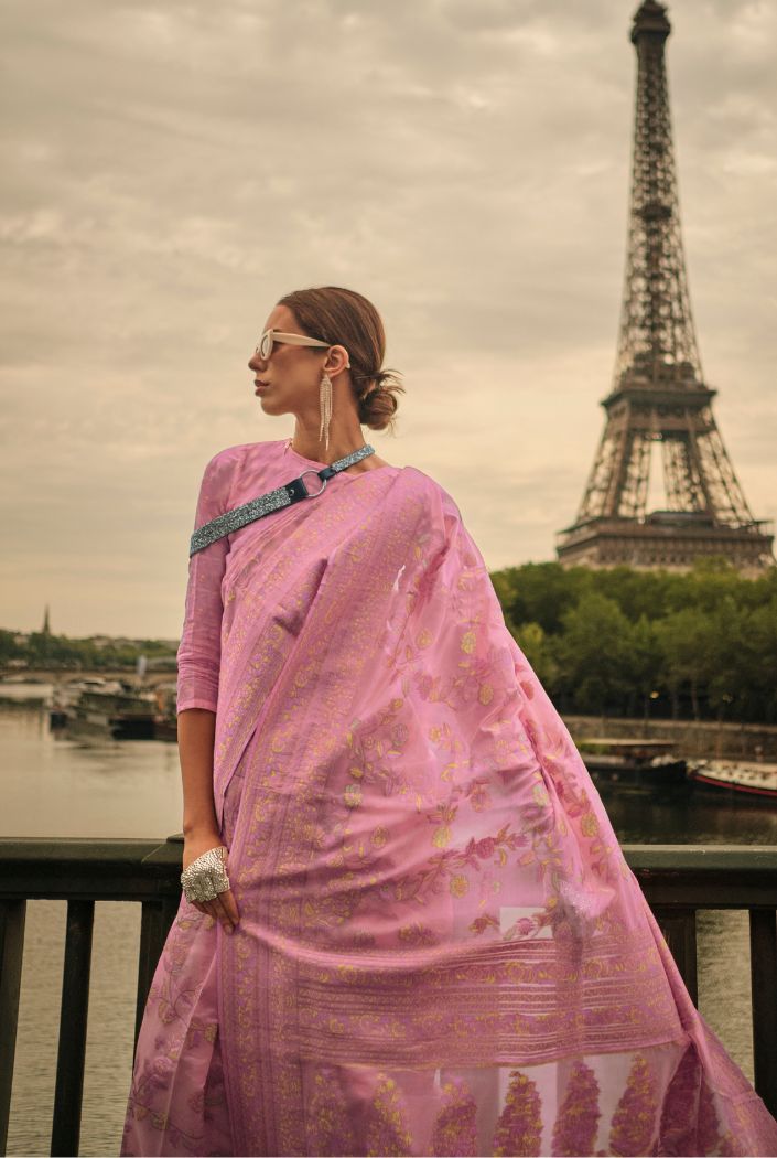 Turkish Rose Pink Kashmiri Organza Handloom Saree