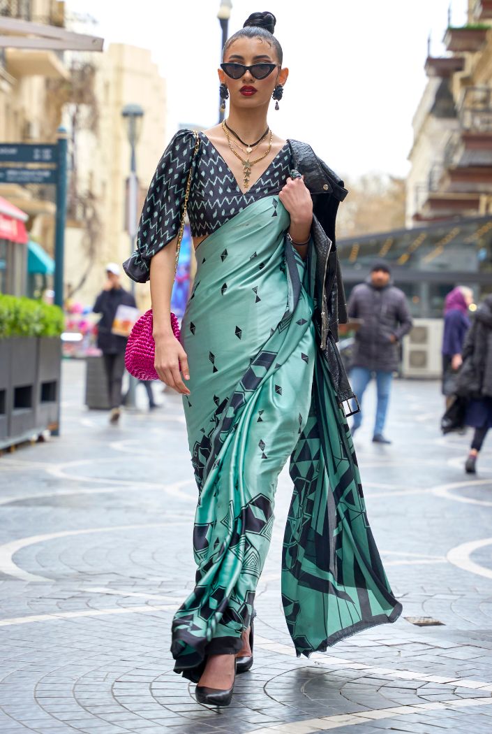 Neptune Green Printed Satin Silk Saree