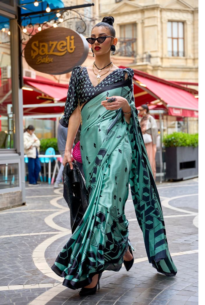 Neptune Green Printed Satin Silk Saree